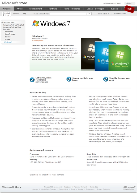 Скриншот сайта Microsoft Store с Windows 7